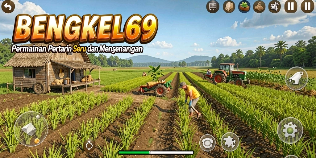 Tampilan gameplay seru BENGKEL69 dengan aktivitas bertani yang menarik.