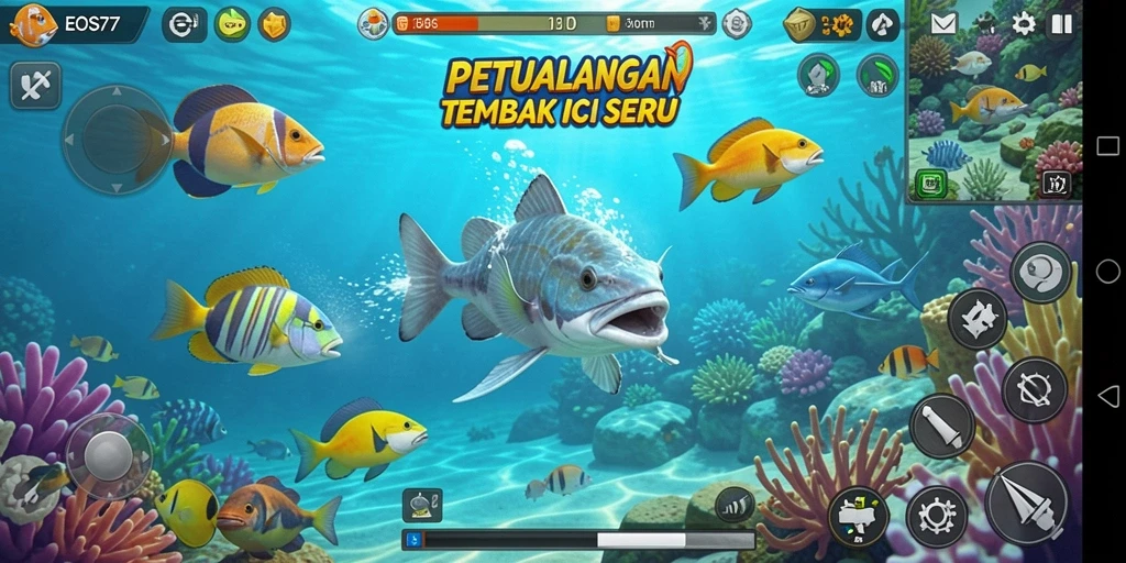 Tampilan gameplay seru dalam EOS77 saat menangkap berbagai ikan.
