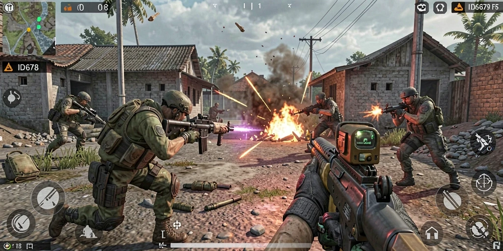 Screenshot ID678 menunjukkan aksi intens dalam gameplay FPS.