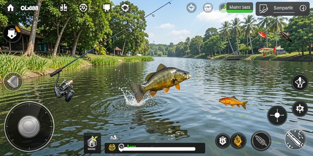 Tampilan gameplay OLX888 dengan aksi memancing yang seru.